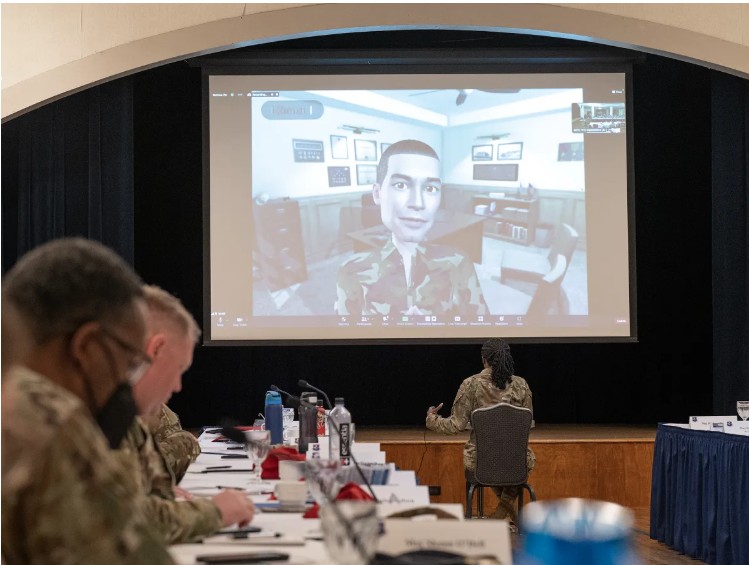 Military training participants interact with a virtual avatar on a large screen during an immersive XR simulation exercise